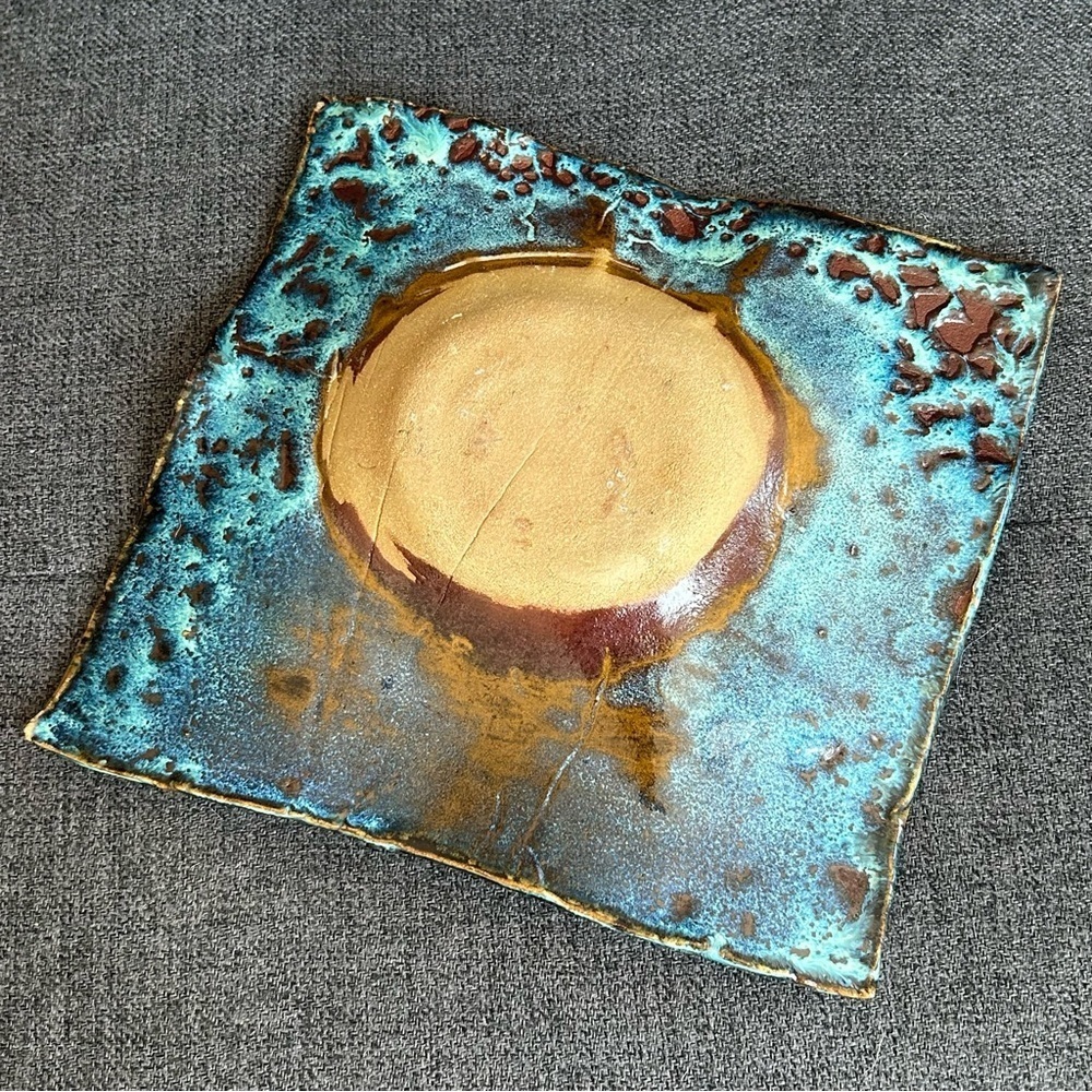 Handmade Abstract Candle Holder Trinket Dish Decor Art Deco Aqua Brown - Picture 6 of 8